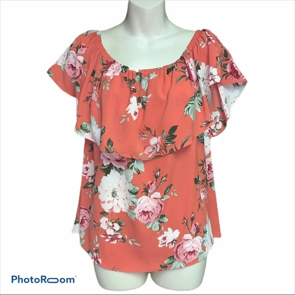 Bobeau orange floral on/off shoulder top size M - Picture 1 of 6
